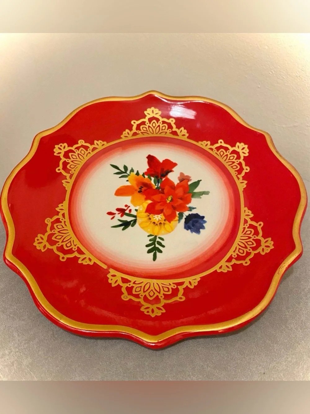 Pioneer Woman Winter Bouquet Dessert Plate Red Gold Floral 8.5”